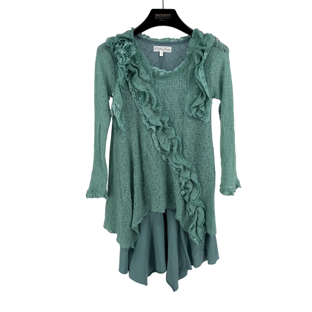 Pretty Angel Sage Green Crochet Ruffle Layered Tunic Dress Cottagecore Small - Picture 2 of 9